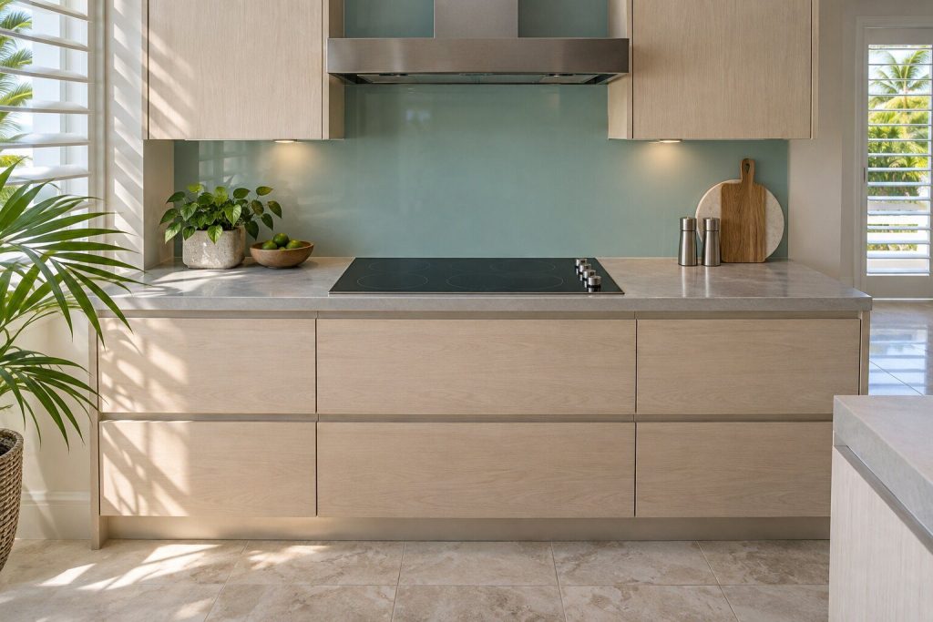 A built-in hob standing in a pale oak fitted run in a bright kitchen in a South Florida home, doors closed.