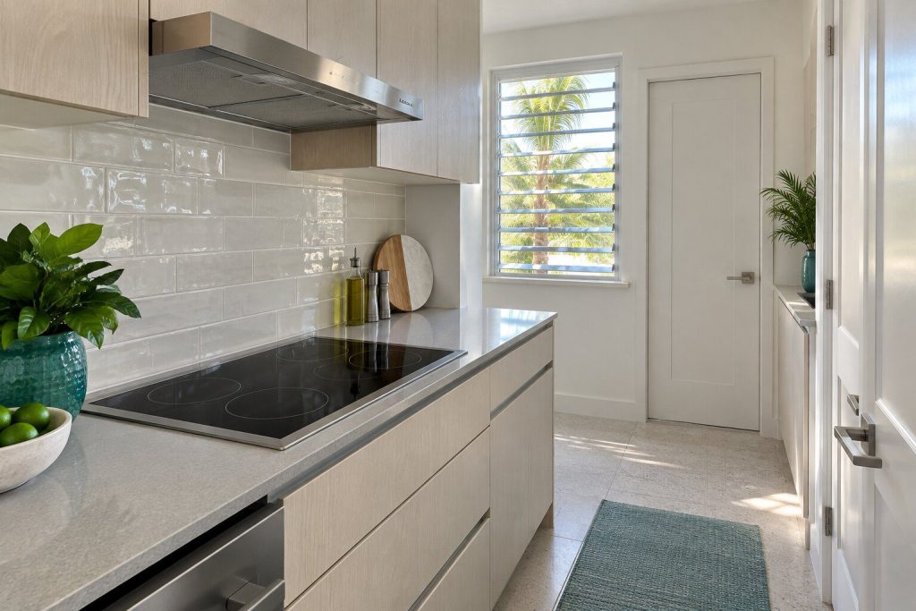 A built-in hob standing in a narrow tiled utility room off a bright kitchen in a South Florida home, doors closed.