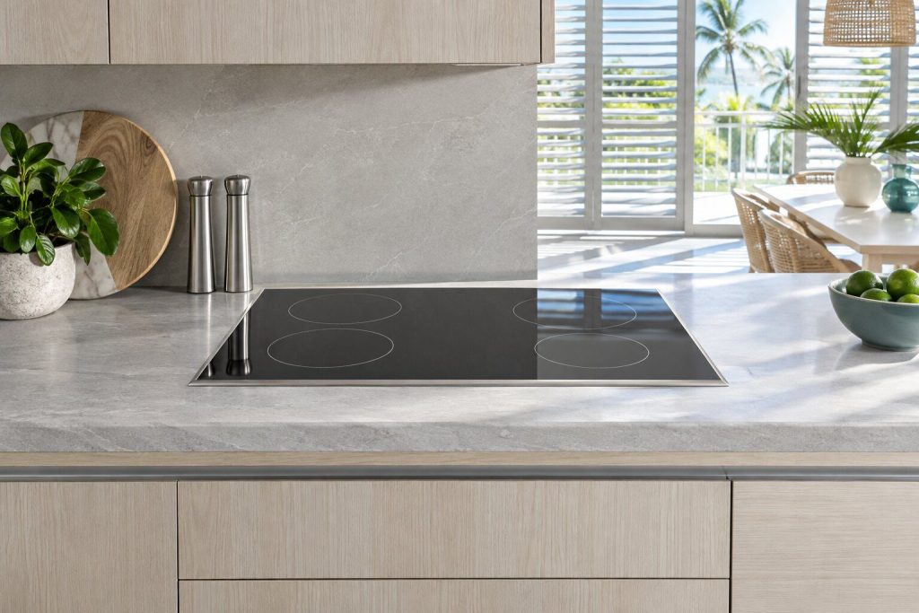 A built-in hob standing in a white kitchen with hard midday light striping the tile floor in a South Florida home, doors closed.