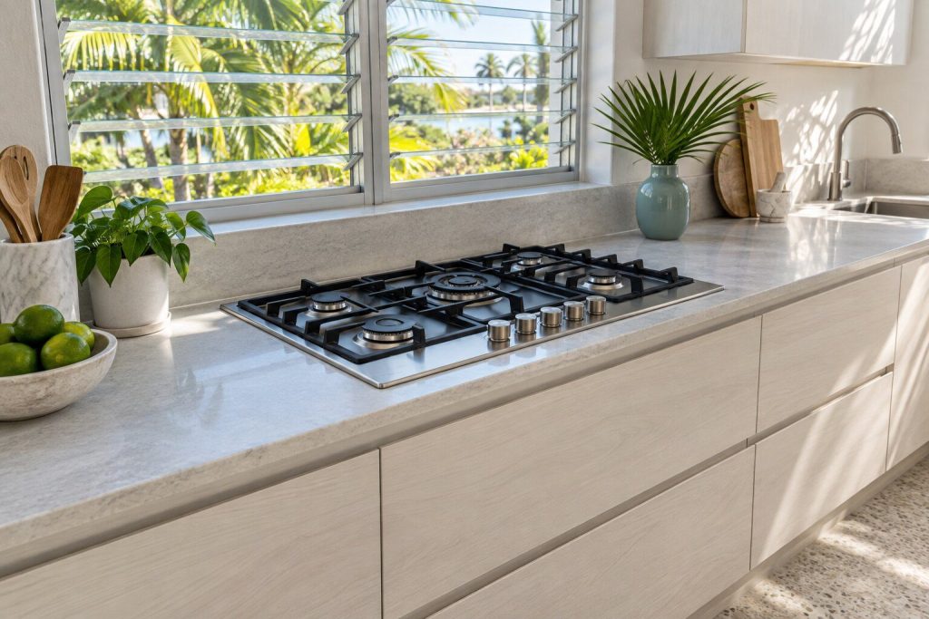 A built-in hob standing in a pale fitted run beside a jalousie window with palms outside in a South Florida home, doors closed.