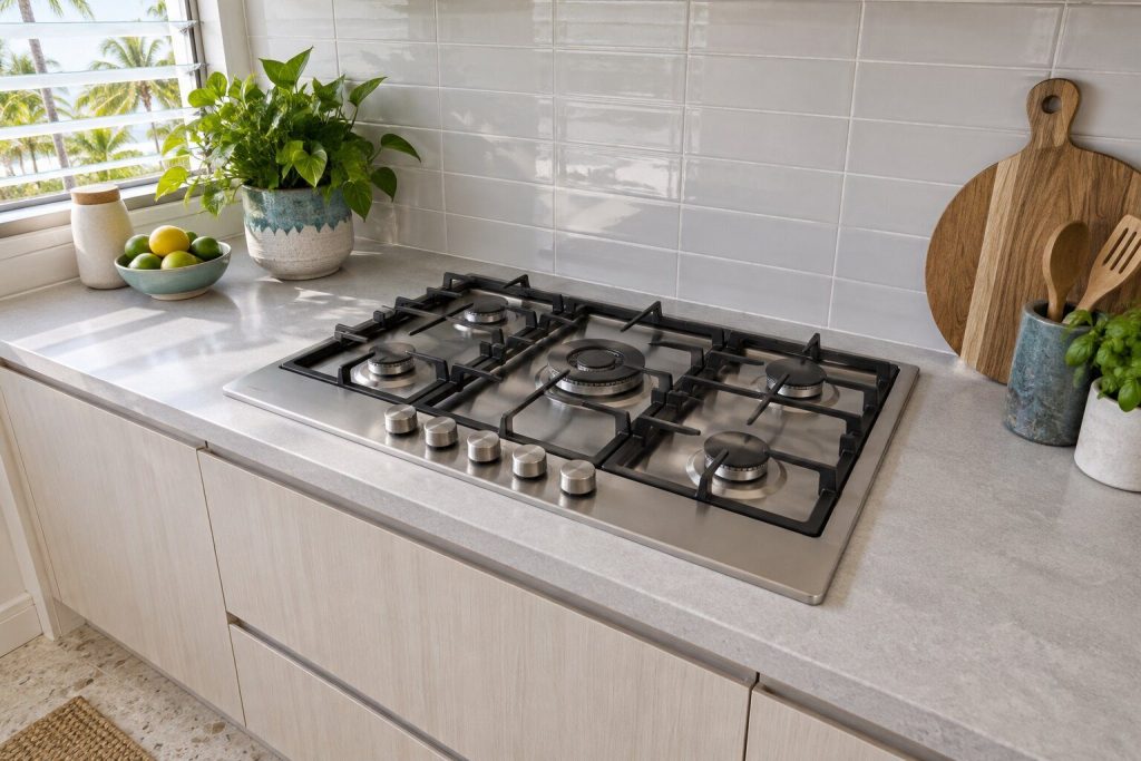 A built-in hob standing against a tiled wall in a bright utility room in a South Florida home, doors closed.