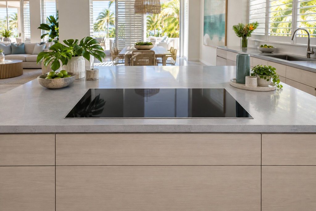 A built-in hob standing in a light gray kitchen island run in a South Florida home, doors closed.