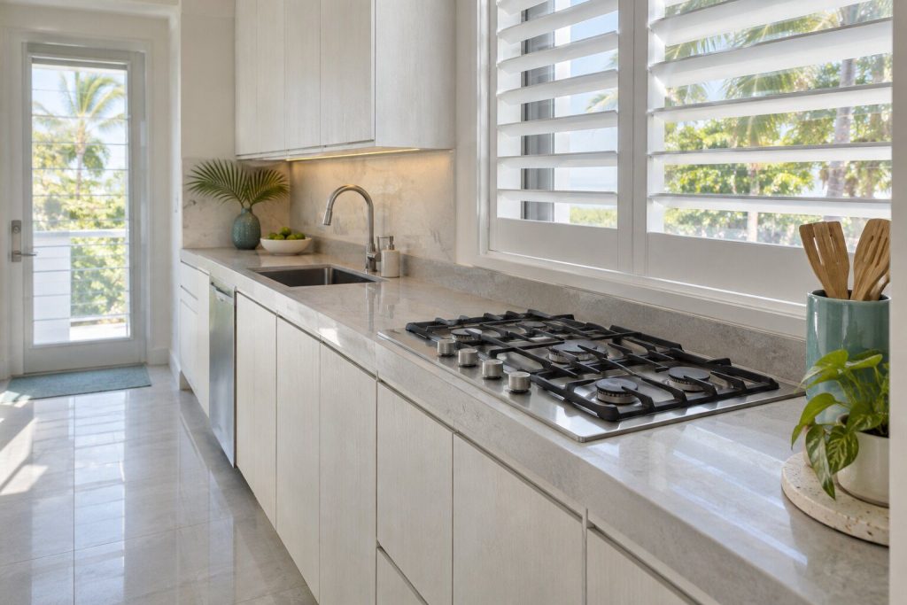 A built-in hob standing at the end of a white galley run under a shuttered window in a South Florida home, doors closed.