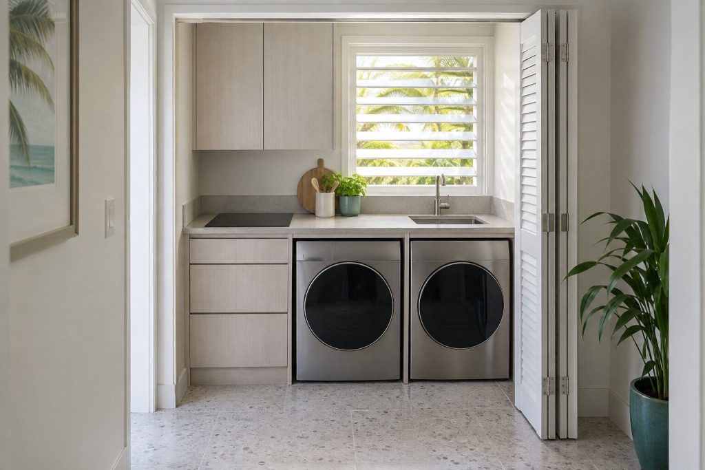 A built-in hob standing in a laundry closet with its bifold door folded back in a South Florida home, doors closed.