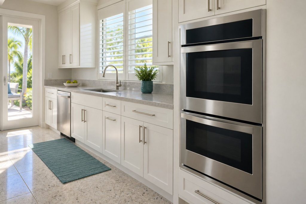 A built-in oven standing at the end of a white galley run under a shuttered window in a South Florida home, doors closed.