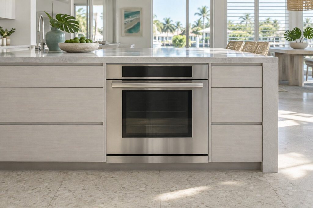 A built-in oven standing in a light gray kitchen island run in a South Florida home, doors closed.