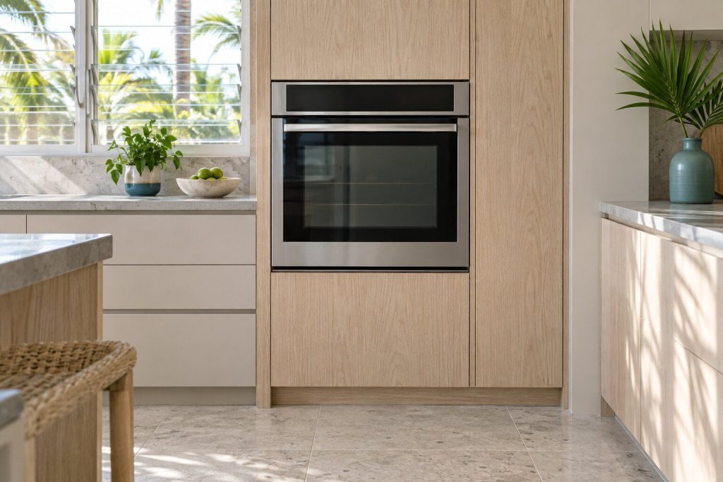 A built-in oven standing in a pale oak fitted run in a bright kitchen in a South Florida home, doors closed.