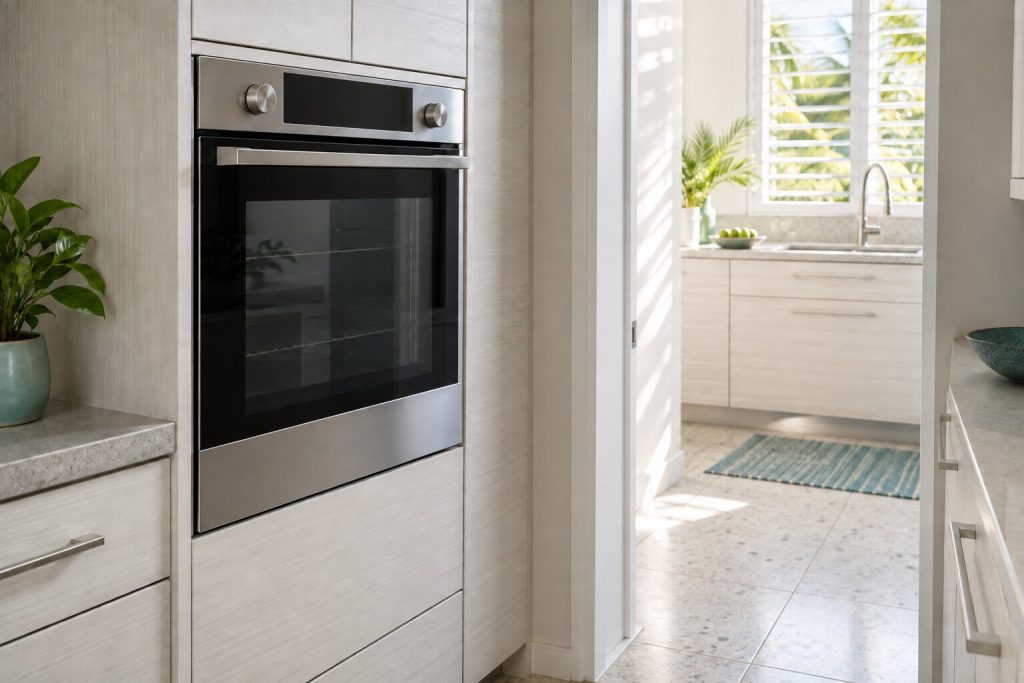 A built-in oven standing in a narrow tiled utility room off a bright kitchen in a South Florida home, doors closed.