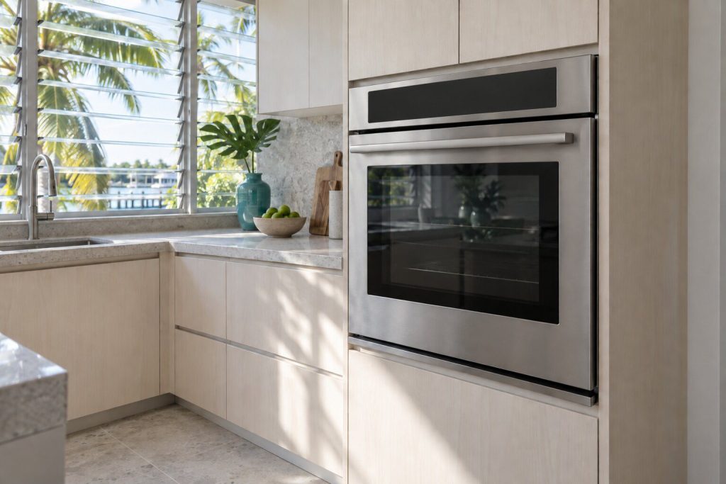 A built-in oven standing in a pale fitted run beside a jalousie window with palms outside in a South Florida home, doors closed.