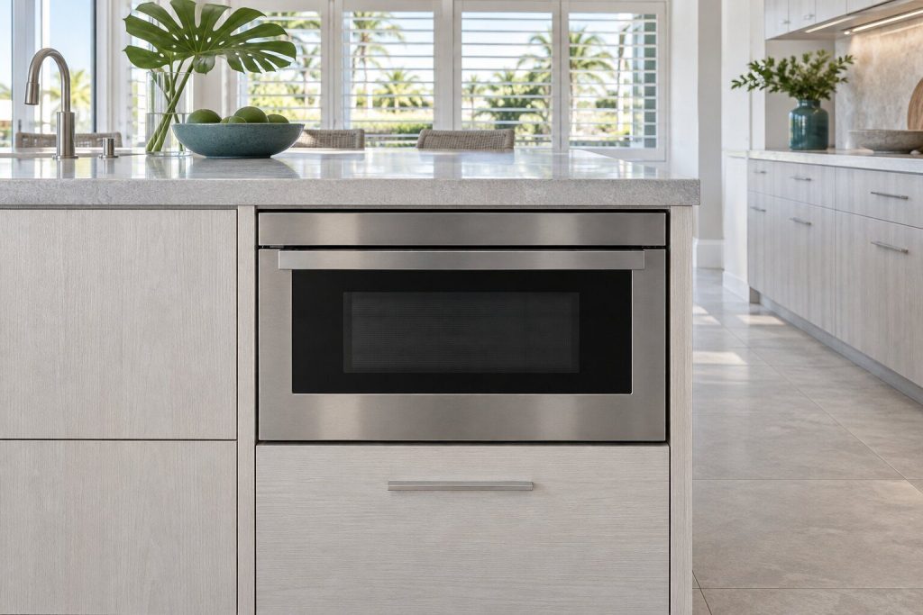A built-in combination microwave oven standing in a light gray kitchen island run in a South Florida home, doors closed.