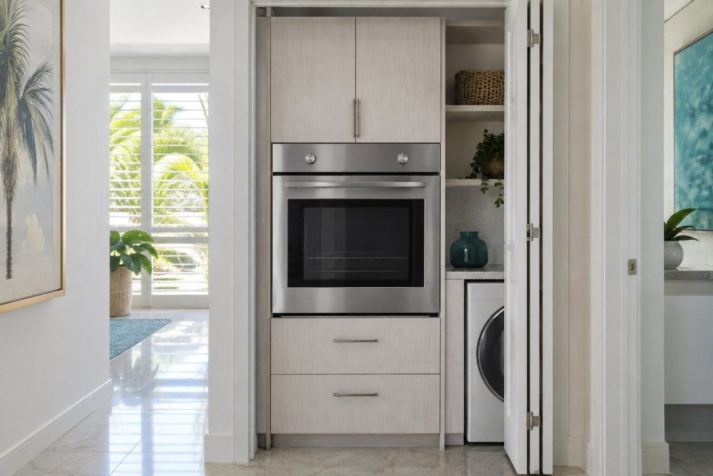 A built-in oven standing in a laundry closet with its bifold door folded back in a South Florida home, doors closed.