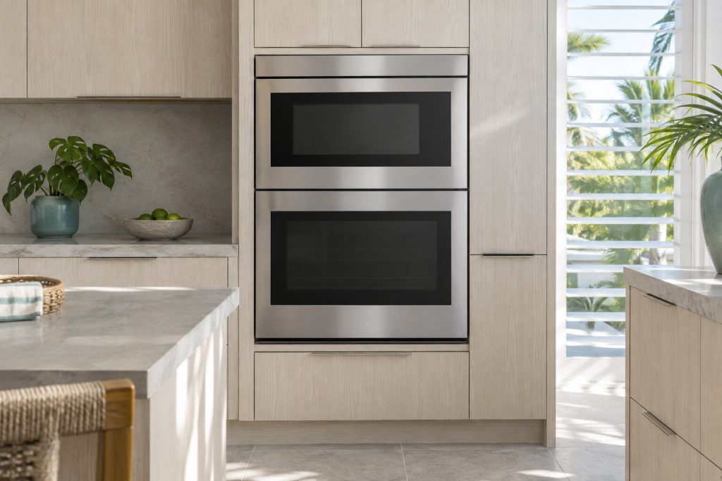 A built-in combination microwave oven standing in a pale oak fitted run in a bright kitchen in a South Florida home, doors closed.