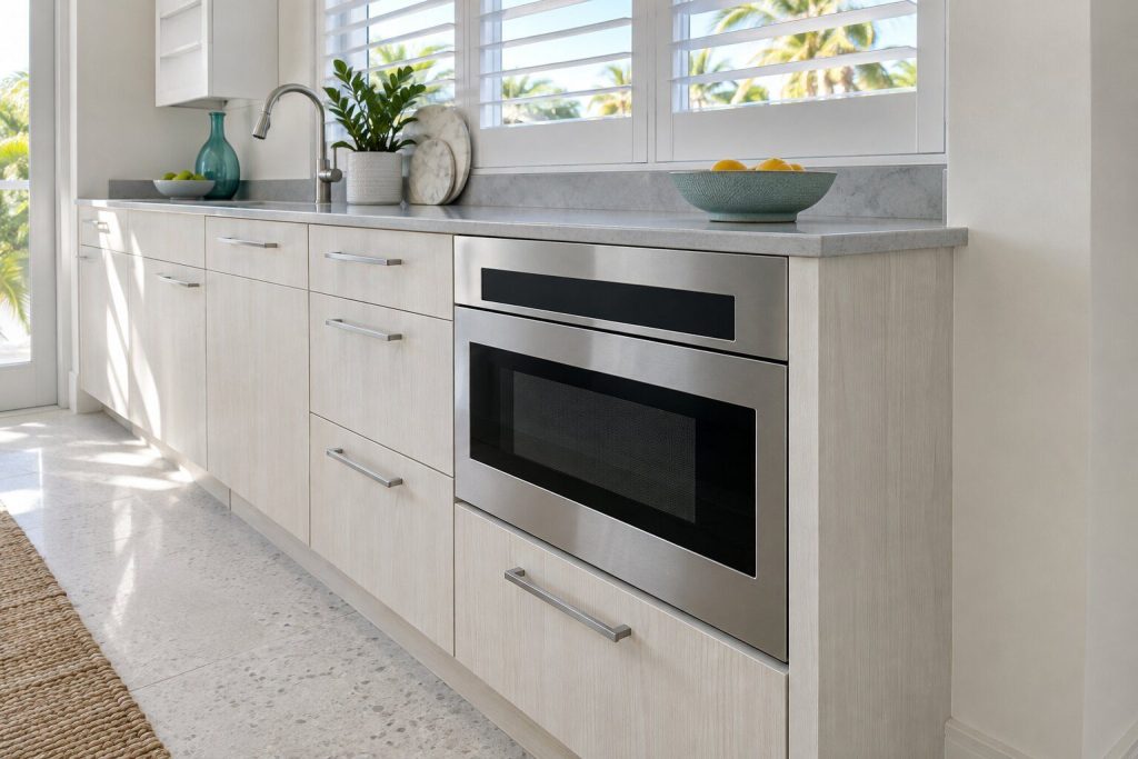 A built-in combination microwave oven standing at the end of a white galley run under a shuttered window in a South Florida home, doors closed.