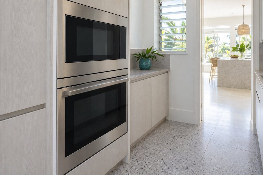 A built-in combination microwave oven standing in a narrow tiled utility room off a bright kitchen in a South Florida home, doors closed.