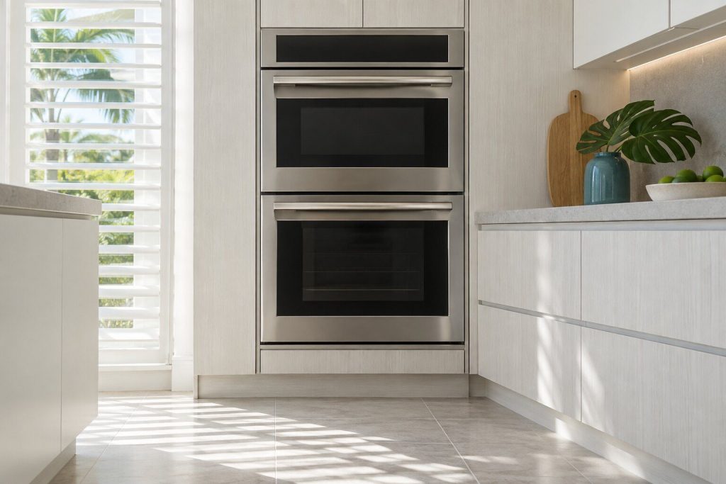 A built-in oven standing in a white kitchen with hard midday light striping the tile floor in a South Florida home, doors closed.