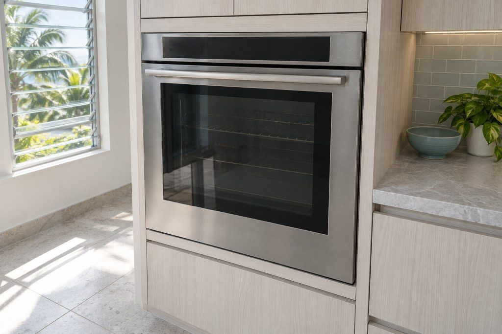 A built-in oven standing against a tiled wall in a bright utility room in a South Florida home, doors closed.
