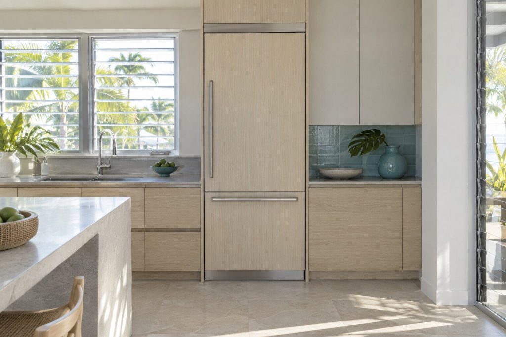 A built-in refrigeration cabinet standing in a pale oak fitted run in a bright kitchen in a South Florida home, doors closed.