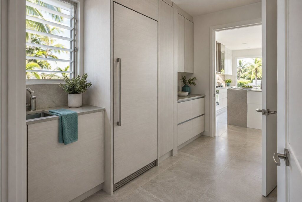 A built-in freezer standing in a narrow tiled utility room off a bright kitchen in a South Florida home, doors closed.