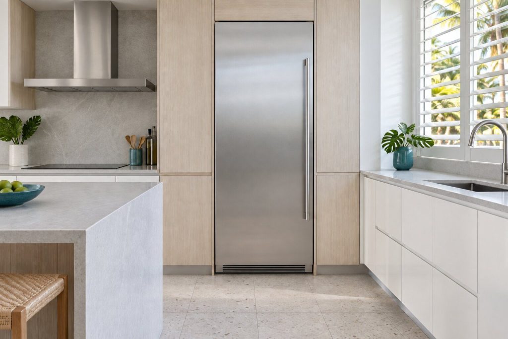 A built-in freezer standing in a pale oak fitted run in a bright kitchen in a South Florida home, doors closed.