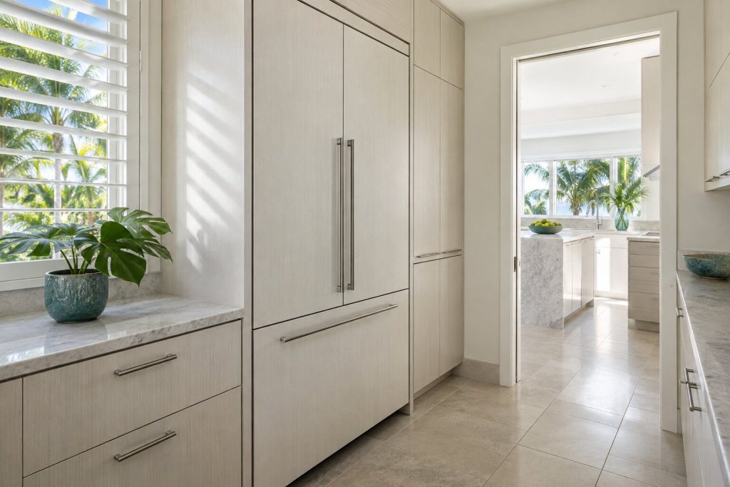A built-in refrigeration cabinet standing in a narrow tiled utility room off a bright kitchen in a South Florida home, doors closed.