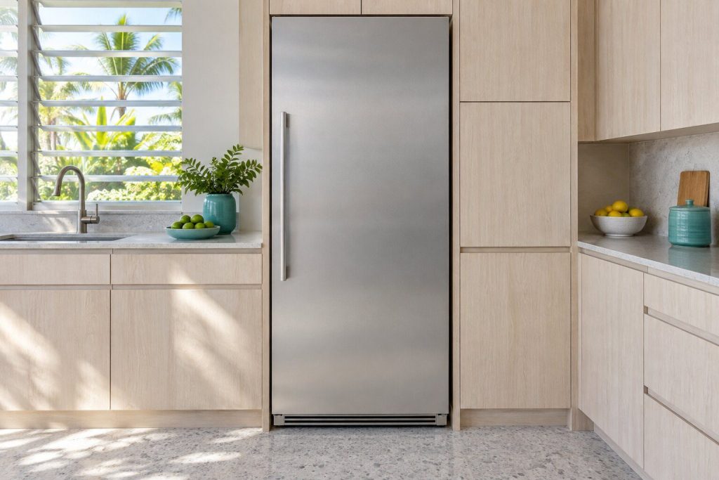 A freestanding freezer standing in a pale oak fitted run in a bright kitchen in a South Florida home, doors closed.