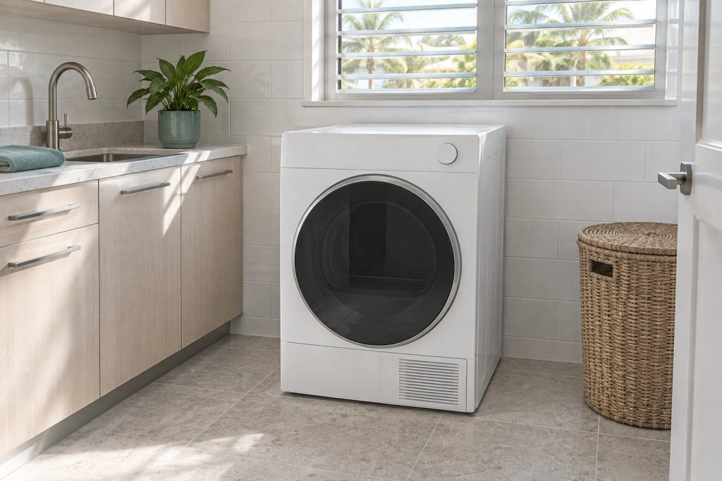A heat pump tumble dryer standing against a tiled wall in a bright utility room in a South Florida home, doors closed.