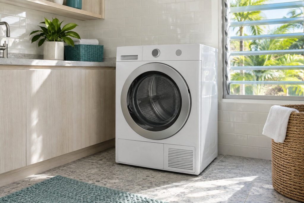 A vented tumble dryer standing against a tiled wall in a bright utility room in a South Florida home, doors closed.