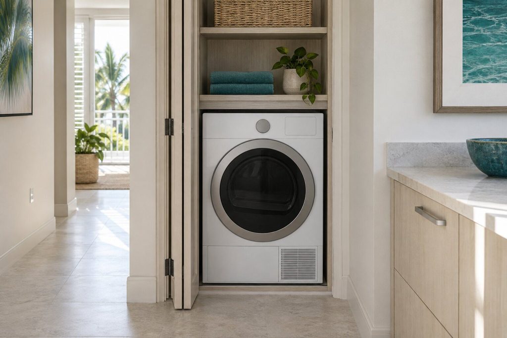 A heat pump tumble dryer standing in a laundry closet with its bifold door folded back in a South Florida home, doors closed.