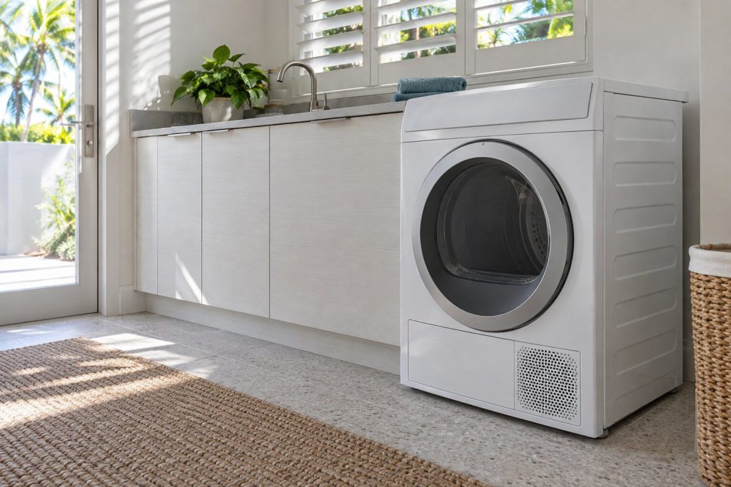 A heat pump tumble dryer standing at the end of a white galley run under a shuttered window in a South Florida home, doors closed.