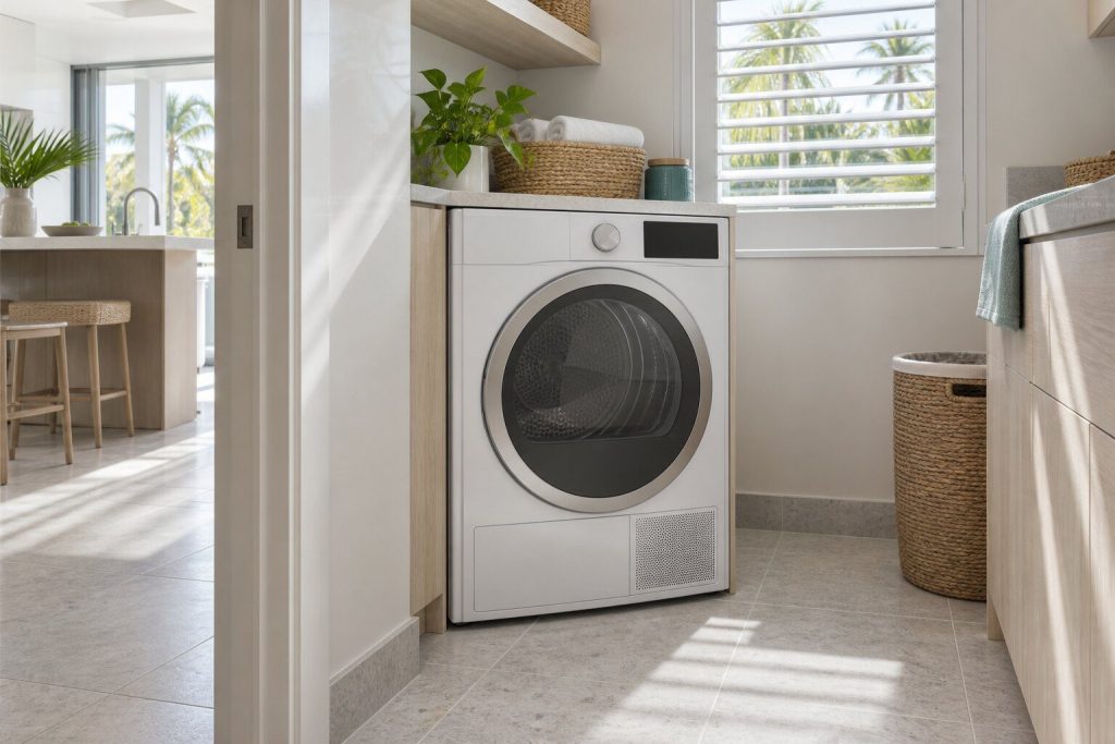 A heat pump tumble dryer standing in a narrow tiled utility room off a bright kitchen in a South Florida home, doors closed.