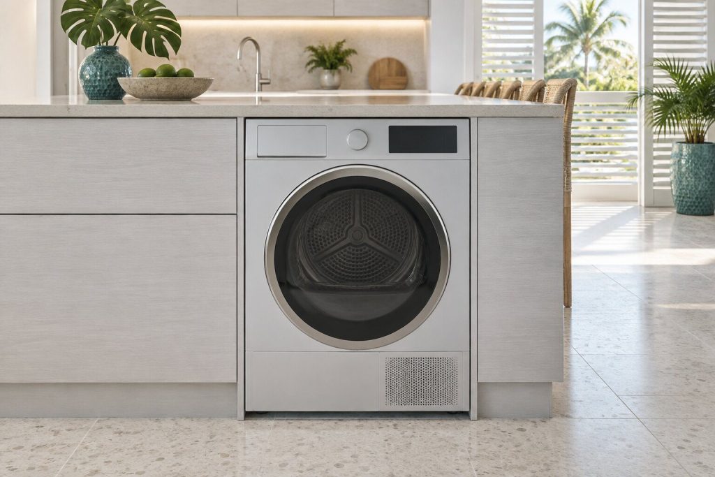 A heat pump tumble dryer standing in a light gray kitchen island run in a South Florida home, doors closed.
