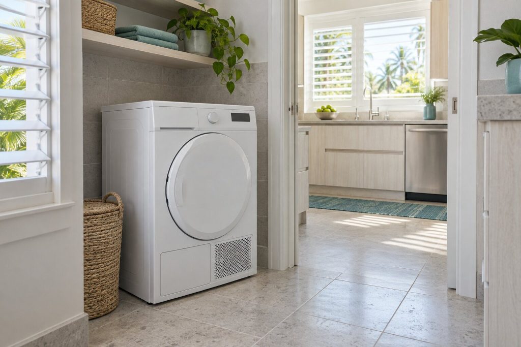 A vented tumble dryer standing in a narrow tiled utility room off a bright kitchen in a South Florida home, doors closed.