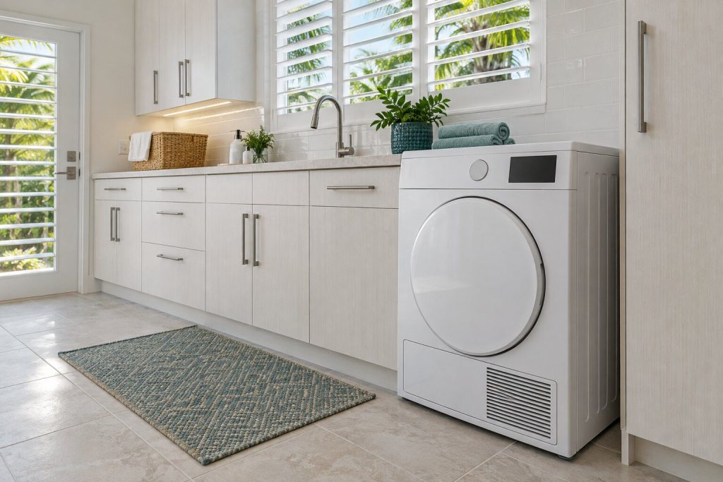 A vented tumble dryer standing at the end of a white galley run under a shuttered window in a South Florida home, doors closed.