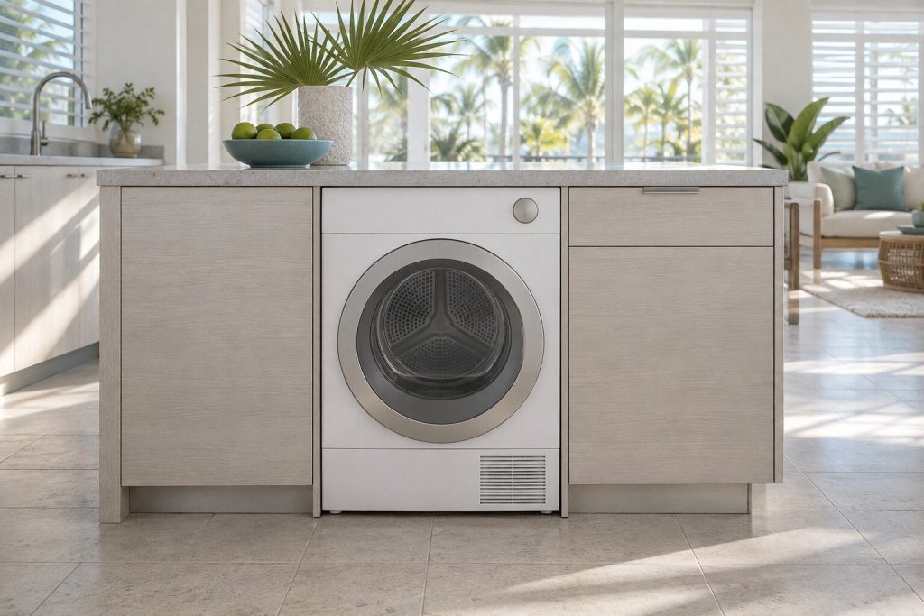 A vented tumble dryer standing in a light gray kitchen island run in a South Florida home, doors closed.