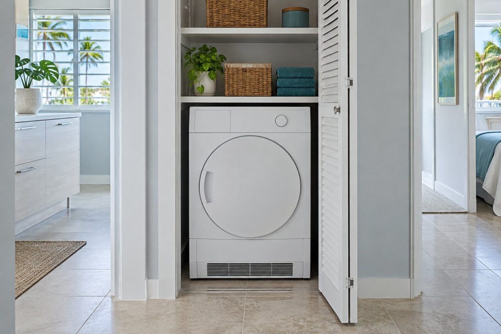 A vented tumble dryer standing in a laundry closet with its bifold door folded back in a South Florida home, doors closed.