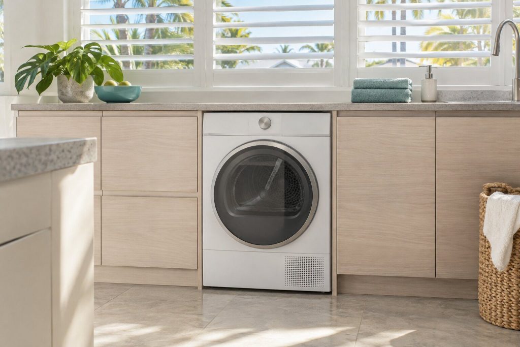 A heat pump tumble dryer standing in a pale oak fitted run in a bright kitchen in a South Florida home, doors closed.