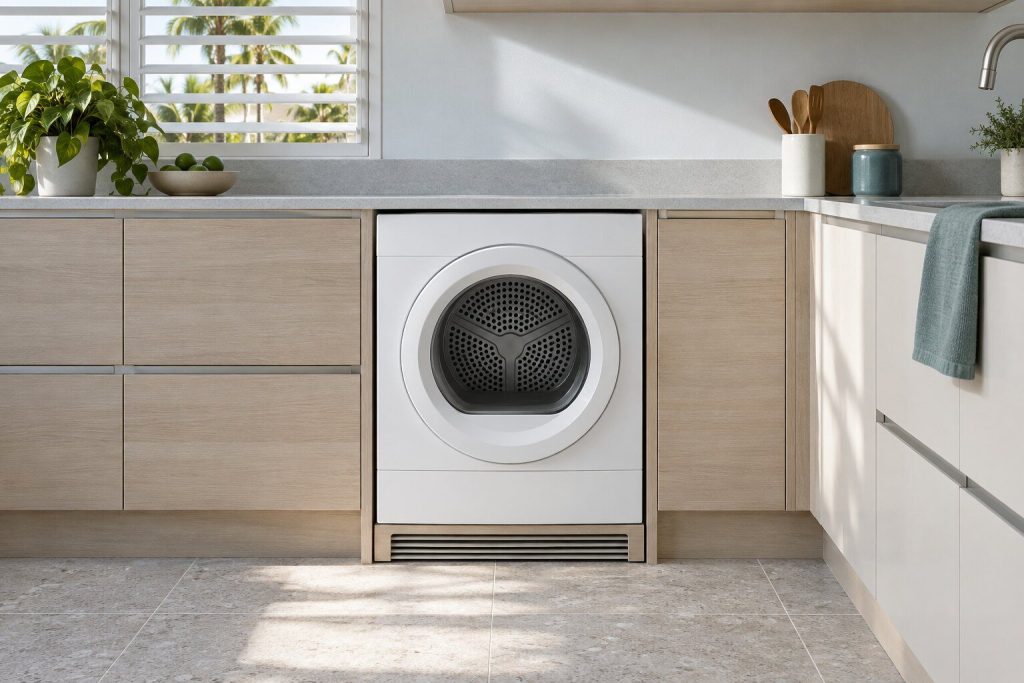 A vented tumble dryer standing in a pale oak fitted run in a bright kitchen in a South Florida home, doors closed.