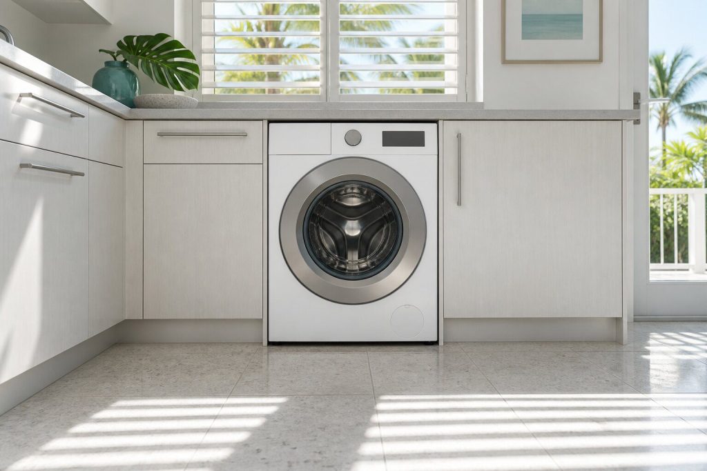 A washing machine standing in a white kitchen with hard midday light striping the tile floor in a South Florida home, doors closed.