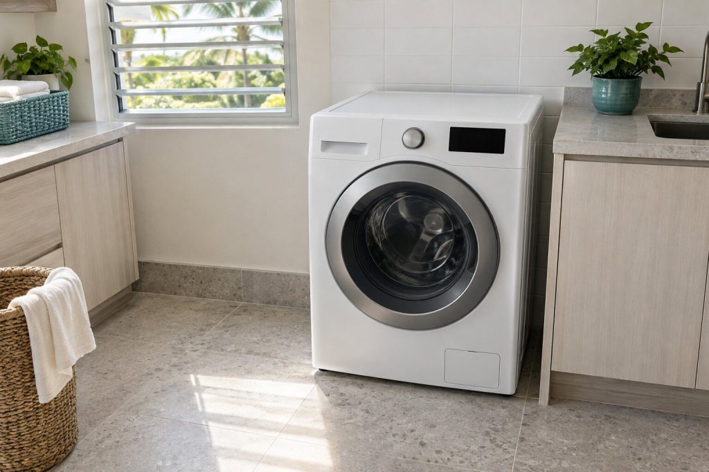 A washing machine standing against a tiled wall in a bright utility room in a South Florida home, doors closed.