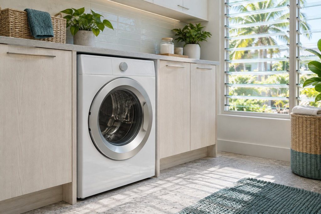 A washing machine standing in a pale fitted run beside a jalousie window with palms outside in a South Florida home, doors closed.