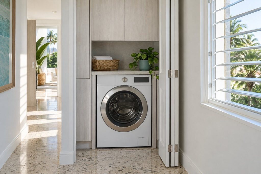 A washing machine standing in a laundry closet with its bifold door folded back in a South Florida home, doors closed.