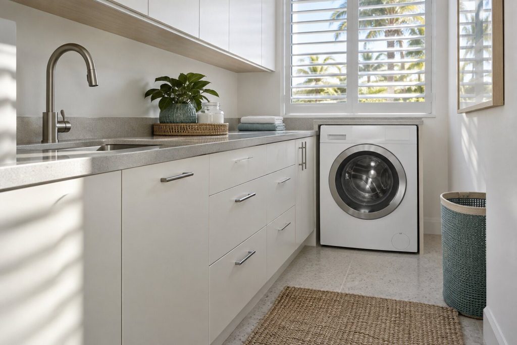 A washing machine standing at the end of a white galley run under a shuttered window in a South Florida home, doors closed.