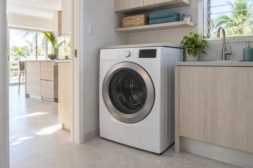A washing machine standing in a narrow tiled utility room off a bright kitchen in a South Florida home, doors closed.