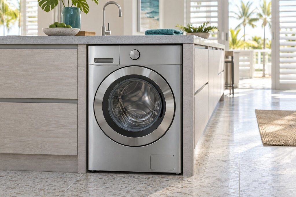 A washing machine standing in a light gray kitchen island run in a South Florida home, doors closed.