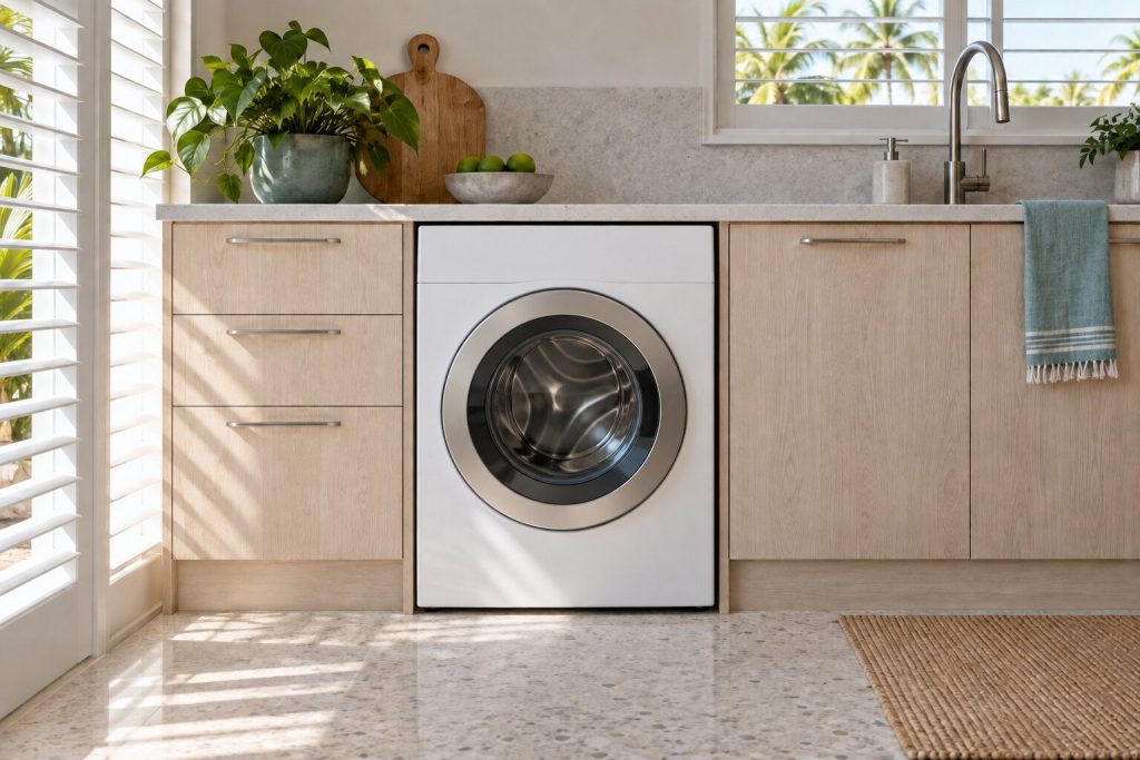 A washing machine standing in a pale oak fitted run in a bright kitchen in a South Florida home, doors closed.