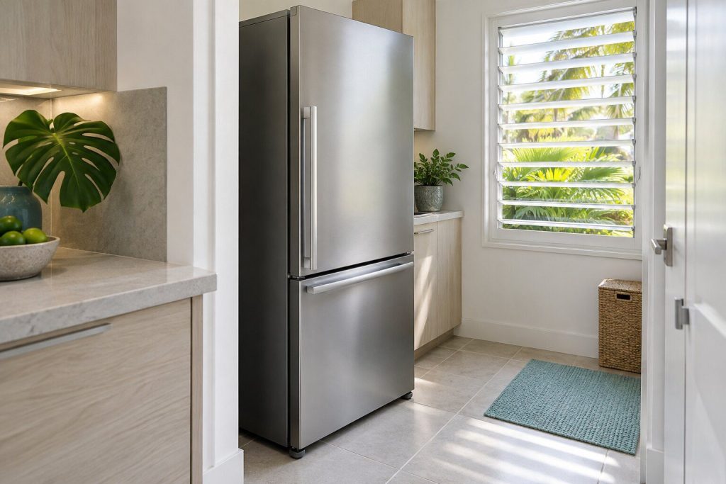 A freestanding refrigeration cabinet standing in a narrow tiled utility room off a bright kitchen in a South Florida home, doors closed.