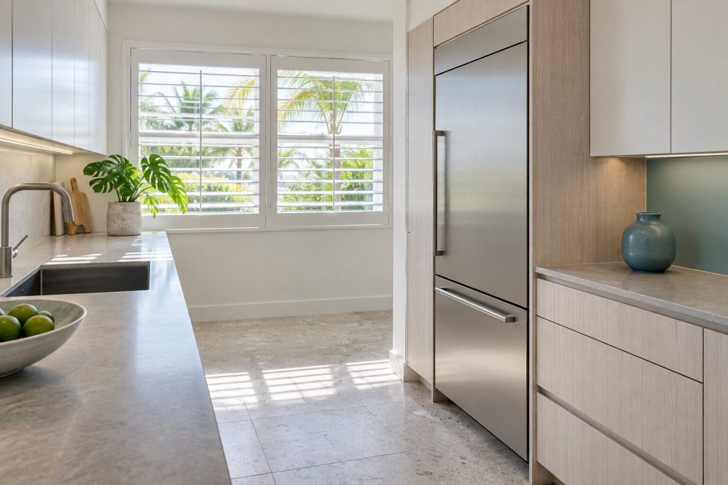 A built-in refrigeration cabinet standing at the end of a white galley run under a shuttered window in a South Florida home, doors closed.