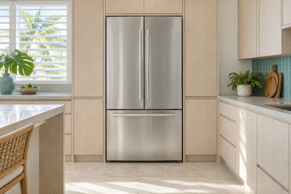 A freestanding refrigeration cabinet standing in a pale oak fitted run in a bright kitchen in a South Florida home, doors closed.