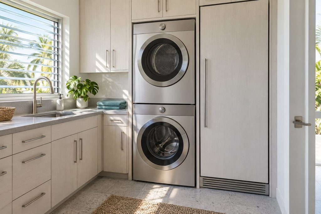 A stacked washer and dryer pair standing side by side with an integrated column in a bright tiled utility run, all doors closed.