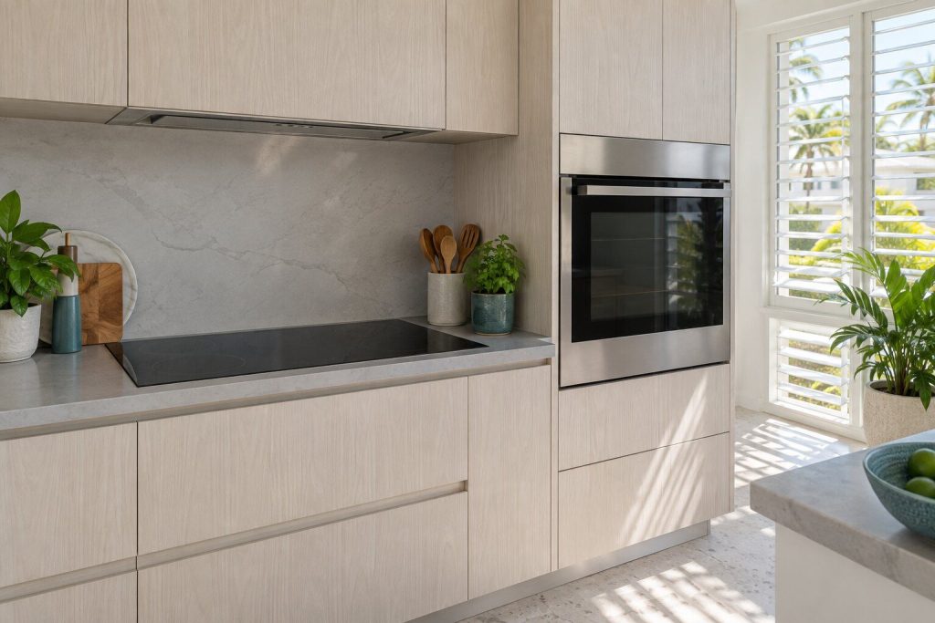 A cooking wall in a white kitchen: an induction top in light stone with a wall oven beside it and a concealed hood liner above, nothing switched on.